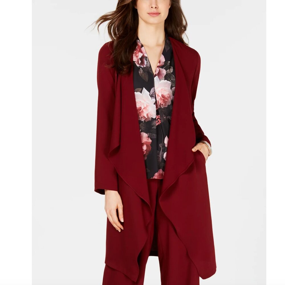 Nine West 3-Piece Burgundy Pant Set Blouse Jacket Wide Leg Size S